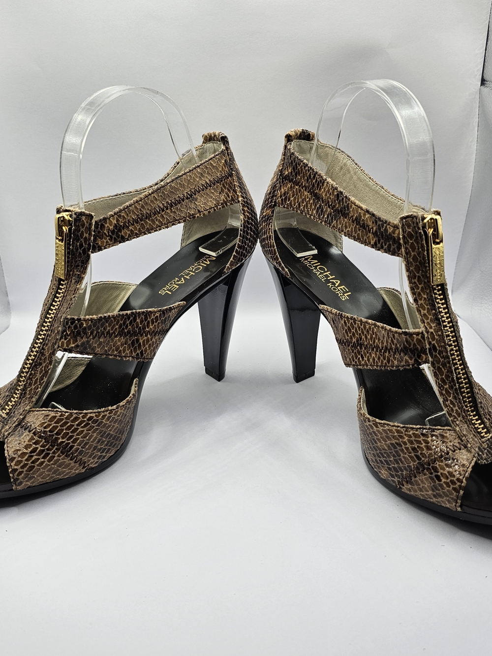 Michael Kors Brown Leather Snake-Print Zip-Front Heeled Sandals Sz 9 - Picture 3 of 6